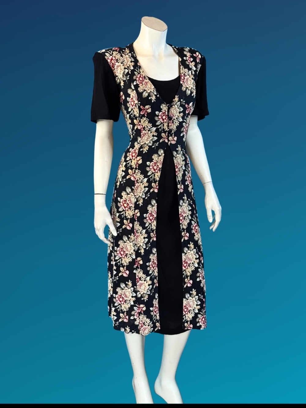 90s Dark Floral Cottagecore Rayon Button front Grannycore Grunge Dress / M L - Picture 3 of 10